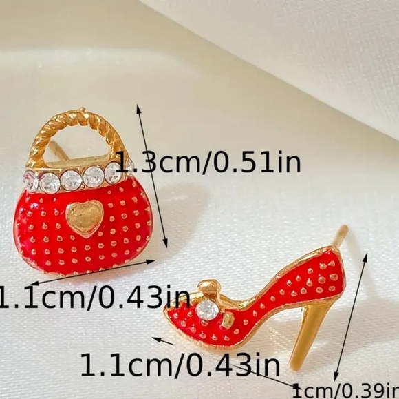 Purse And Heels Red 14K Plated Shiny Alloy Rhinestone Earrings - Picture 5 of 6